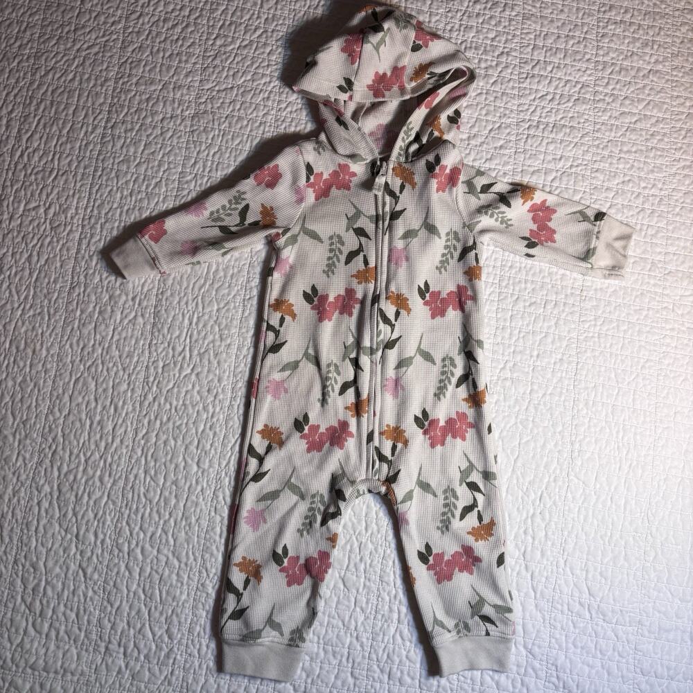 Carter's 9M Baby Girl White Pink Orange Floral Hooded Waffle Romper Jumpsuit